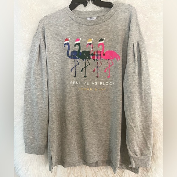 Crown & Ivy NWT Women’s Graphic “Festive As A Flock” Long Sleeve Grey T-shirt-L - Picture 1 of 9